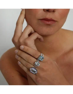 Outlet Anillo Oro Blanco, Aguamarina Y Diamantes Para Ella | Anillos