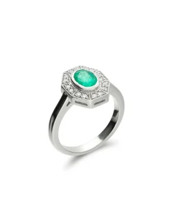 Outlet Anillo Oro Blanco, Esmeralda Y Diamantes Para Ella | Anillos