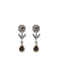 Outlet Pendiente Oro Amarillo Y Plata Con Zafiro Y Diamantes Pendientes | Piezas Únicas