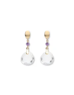Fashion Pendientes Oro Amarillo, Amatista Y Cristal De Roca Para Ella | Pendientes
