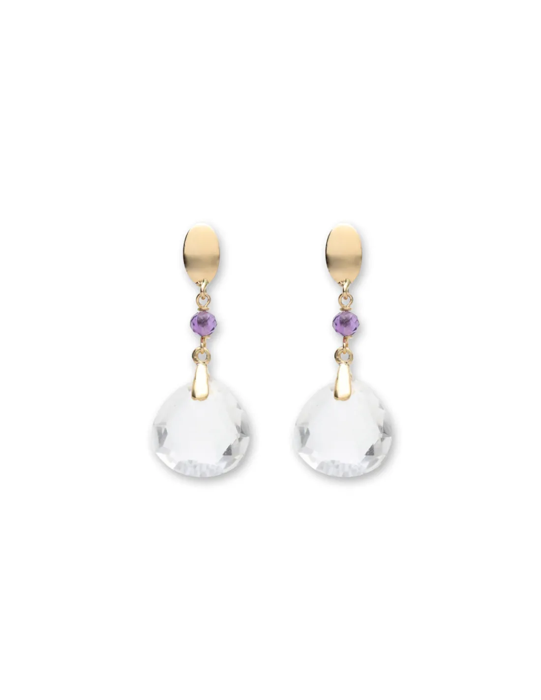 Fashion Pendientes Oro Amarillo, Amatista Y Cristal De Roca Para Ella | Pendientes