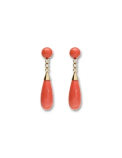 Sale Pendientes Oro Amarillo, Coral Y Diamantes Para Ella | Pendientes