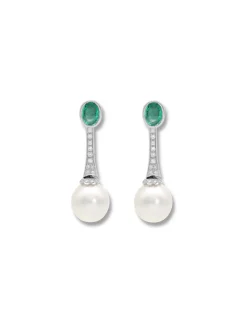 Fashion Pendientes Oro Blanco, Esmeralda, Diamantes Y Perla Australiana Para Ella | Pendientes